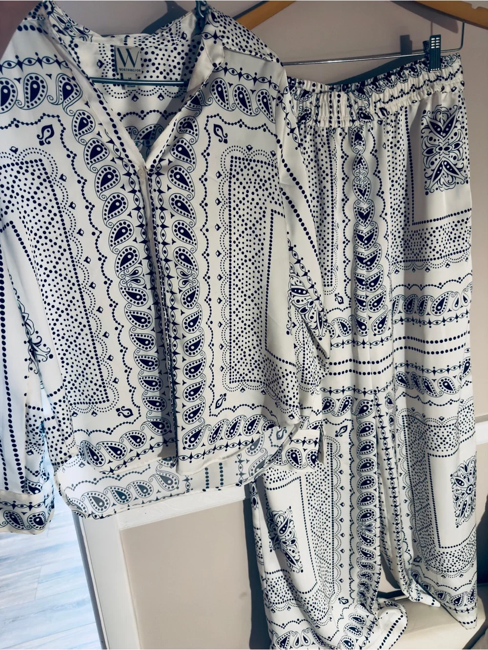 NEW White Navy Bandana-Print Wide Leg Two piece set Co-ord Medium Dior style